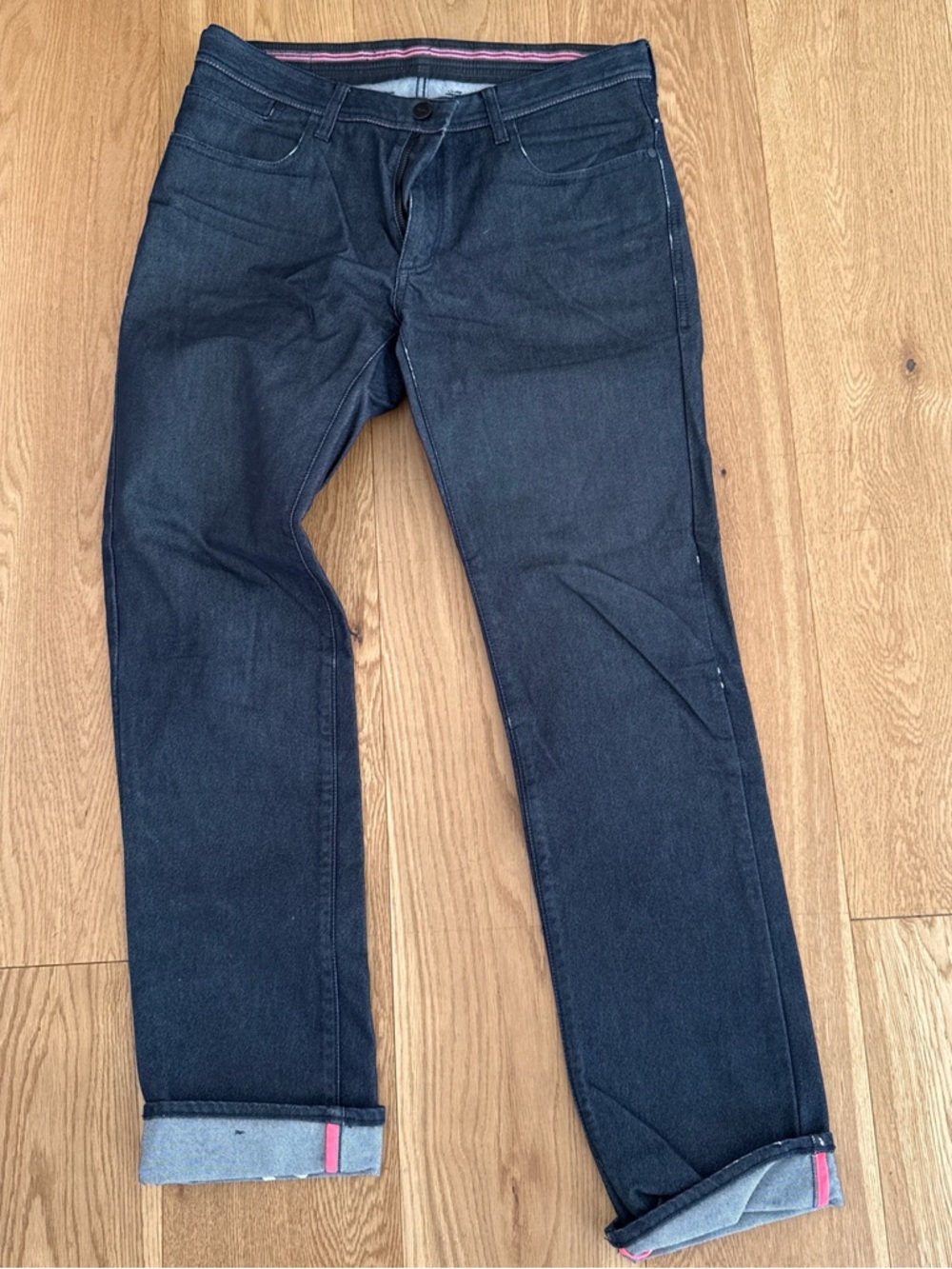 Rapha Men’s Fumer reflective commuting Navy Straight-Leg Jeans with Pink Hem